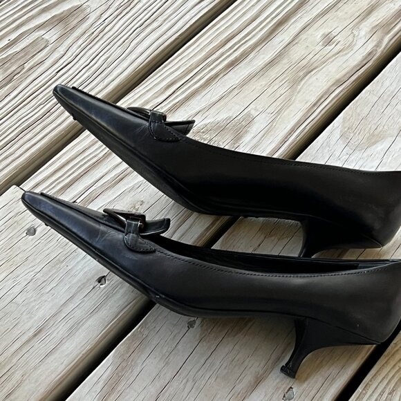 Prada kitten heels vintage black leather brown logo plate 37.5 7 pointed toe - Picture 6 of 12